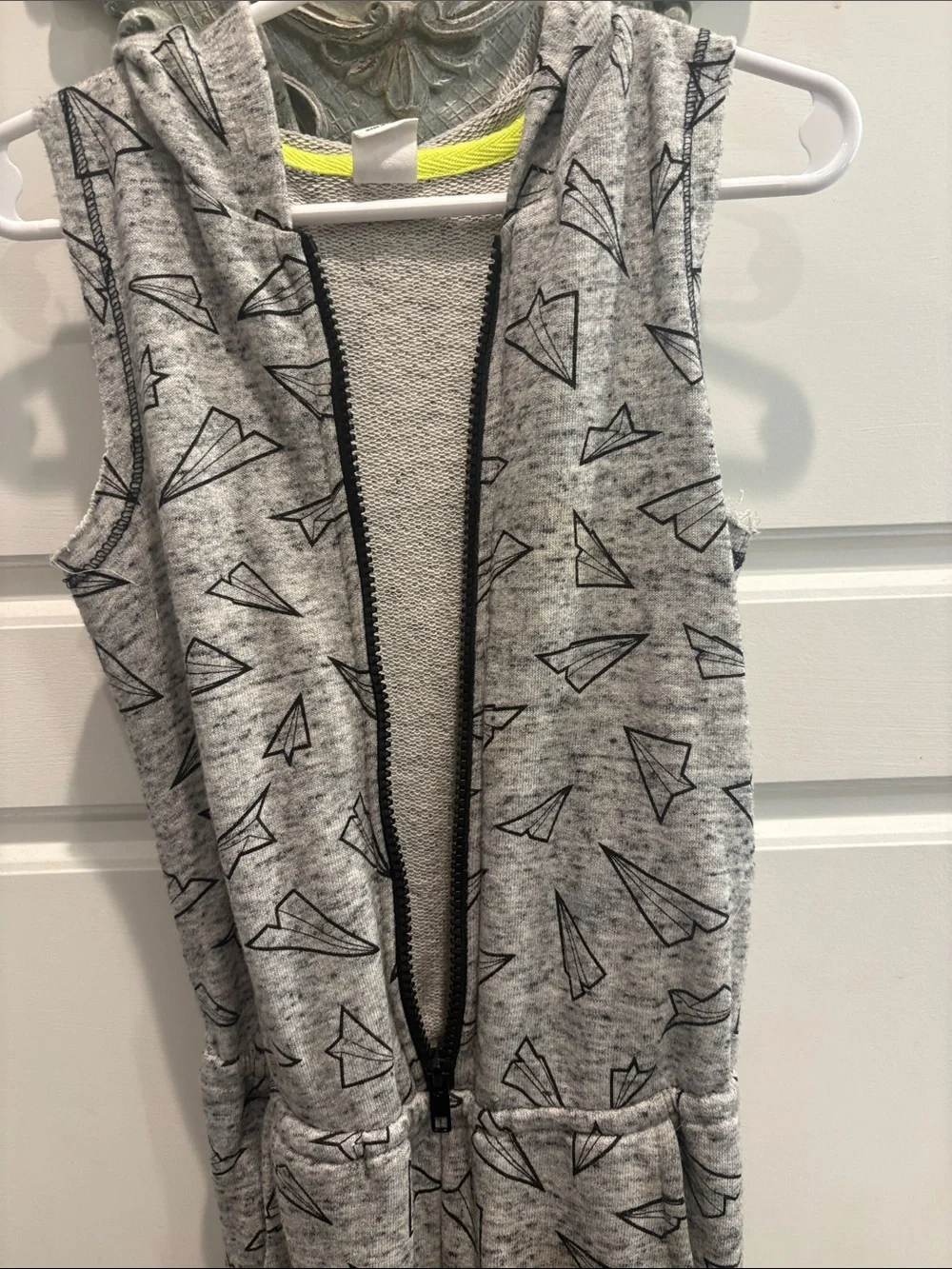 Grey Paper Plane Hooded Kids Romper with Front Zip